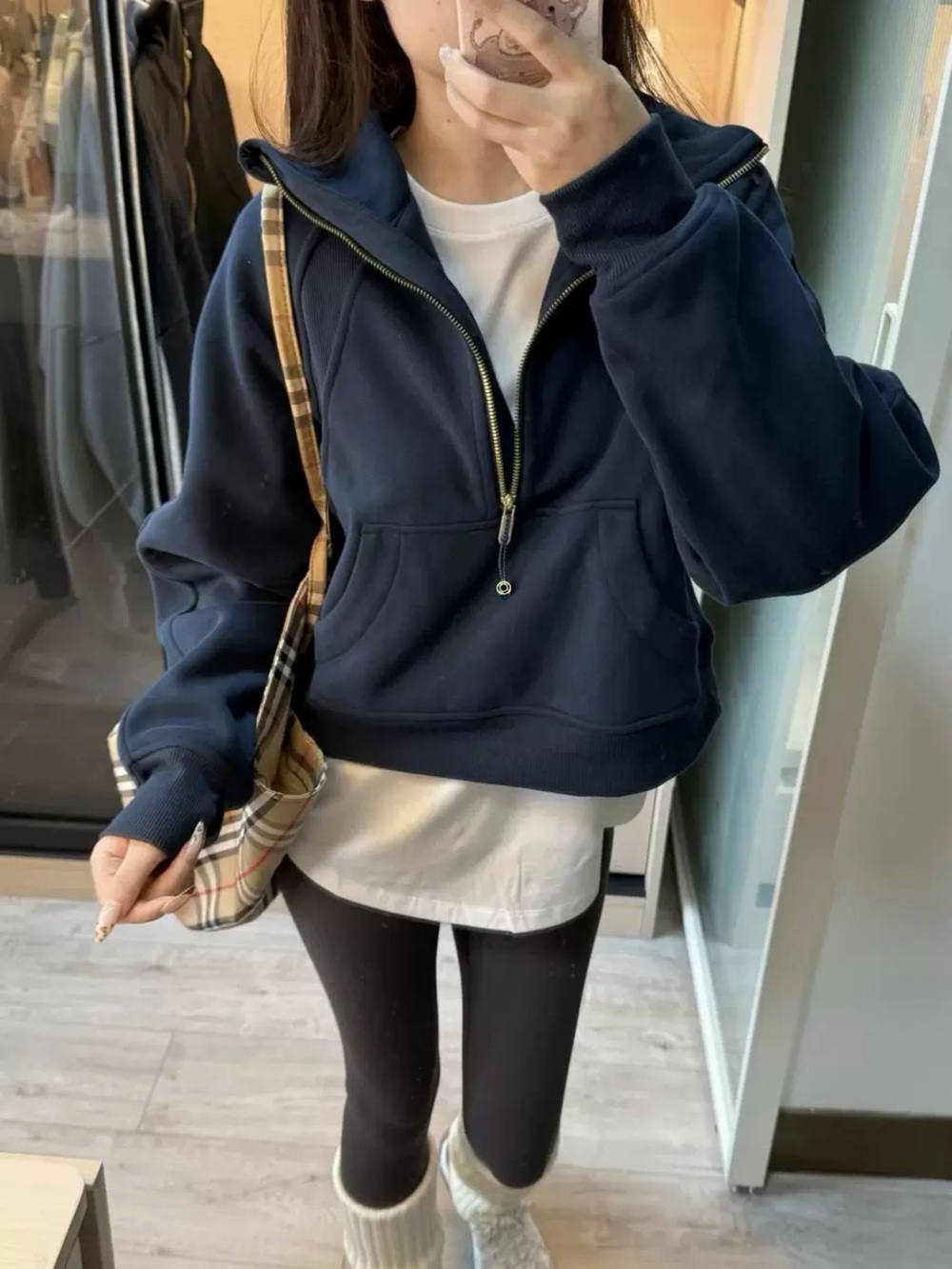 Women's Navy Half-Zip Hooded Pullover Jacket 95% cotton